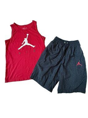 Air Jordan Men S Poolside Set Tank Top Cement Red Black Swim Short CJ0911 CI9133